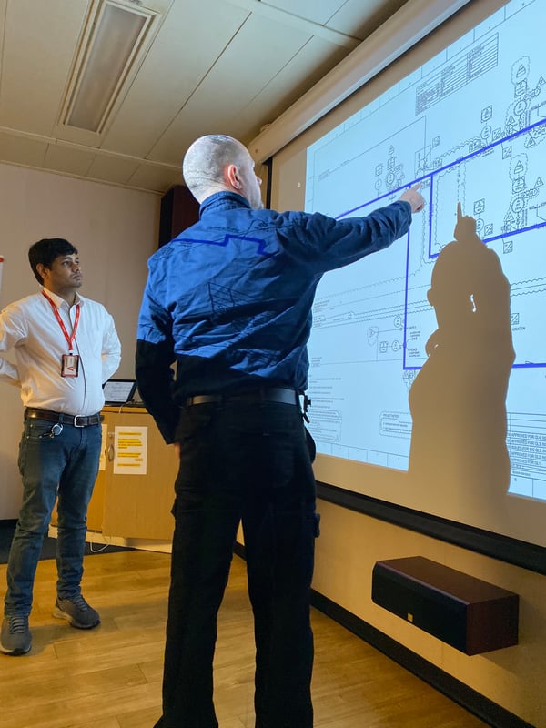 Control room operators discussing the processing system on Yme 